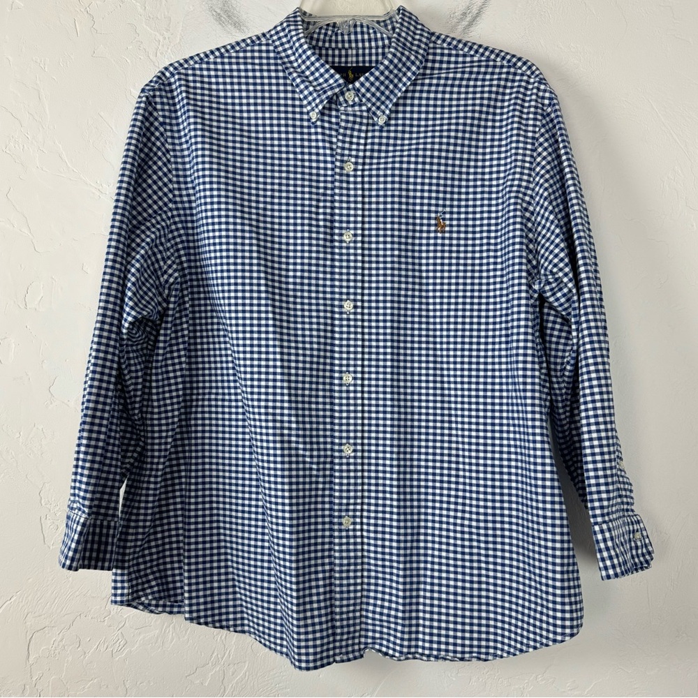 Ralph Lauren Dress‎ Shirt Button Down Top Plaid Print Blue White 100% Cotton